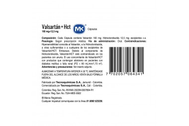 Valsartán/ Hidroclorotiazida 160/ 12,5 Caja Con 30 Cápsulas