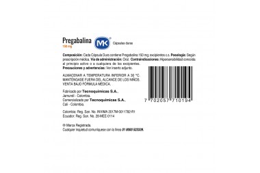 Pregabalina Mk X 150Mg X 30 Capsulas Duras