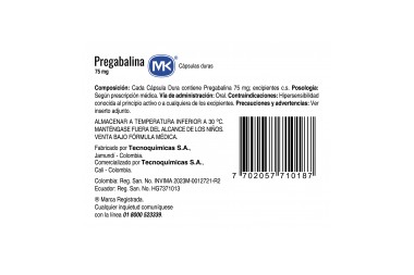 Pregabalina Mk 75 Mg 30 Cápsulas Duras