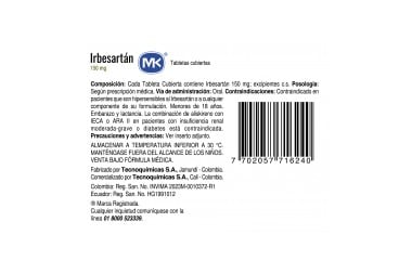 Irbesartan Mk 150 Mg 30 Tabletas Cubiertas