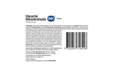 Irbesartán / Hidroclorotiazida Mk 150 Mg / 12,5 Mg 30 Tabletas