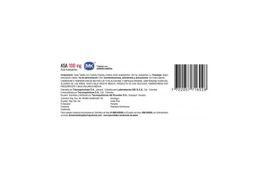 Asa Mk Acido Acetilsalicílico 100 Mg 30 Tabletas Con Cubierta Entérica